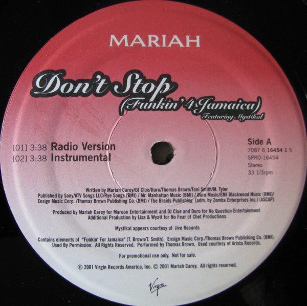 Mariah Carey : Don't Stop (Funkin' 4 Jamaica) (12", Single, Promo)