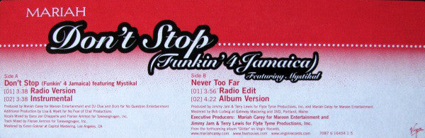Mariah Carey : Don't Stop (Funkin' 4 Jamaica) (12", Single, Promo)